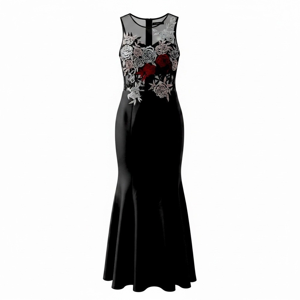 Xscape Evenings Women's Black Long Gown Floral Embroidery Mesh Top Size 2